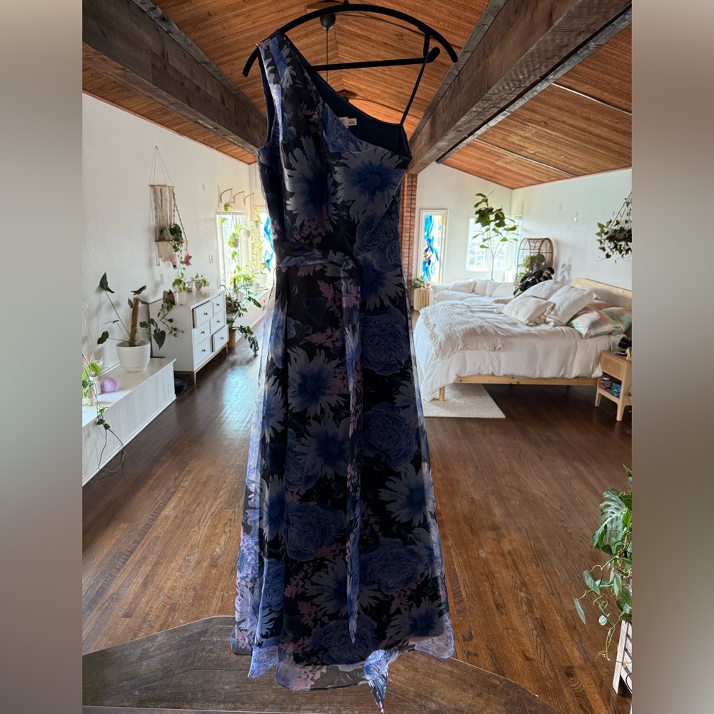 Eliza J One Shoulder Floral Dress in Blue and Black